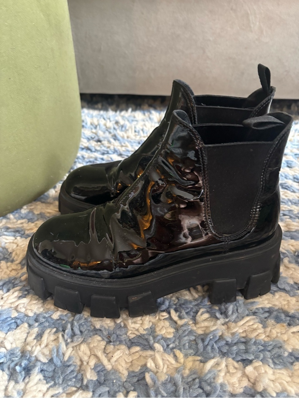 Prada Black Patent Leather Lug Sole Chelsea Ankle Boots 100% Authentic